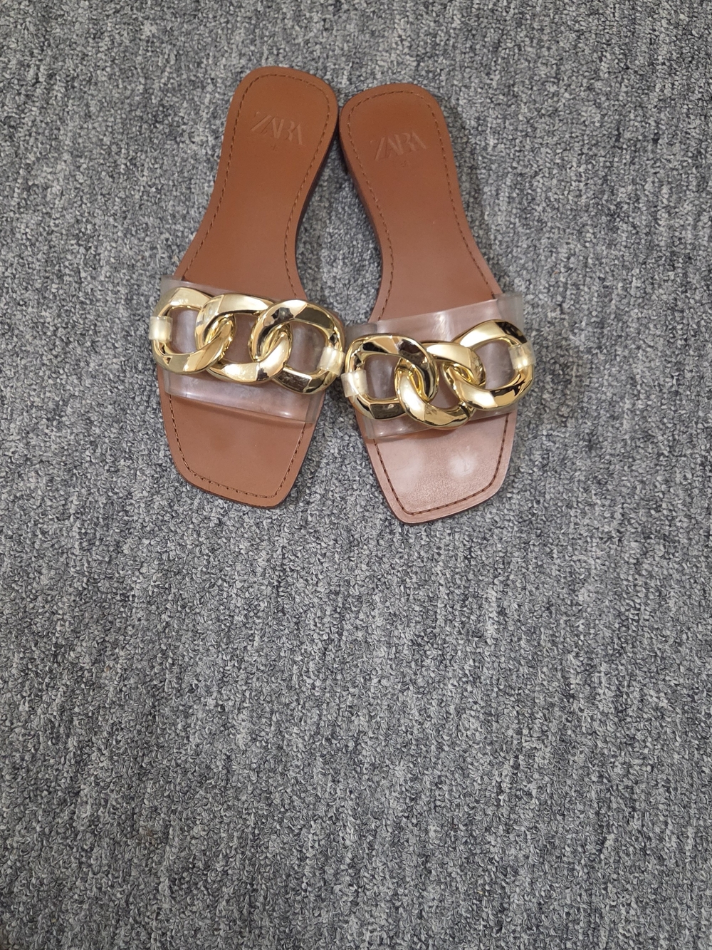 Zara Brown Slide Sandals with Gold Chain